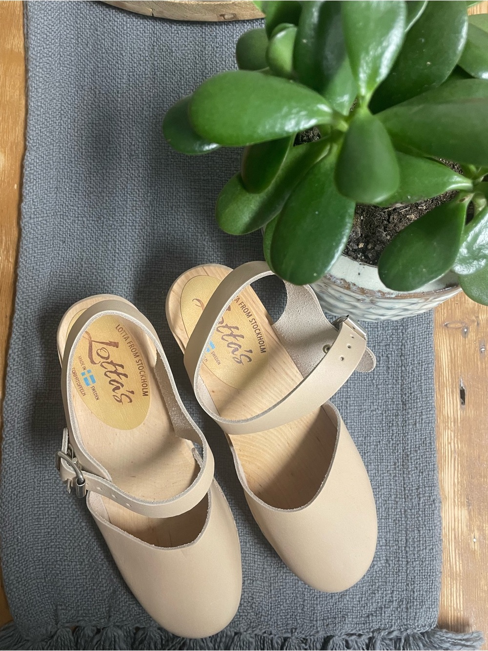 Lotta From Stockholm Beige Mary Jane Clogs with Ankle Strap size 39